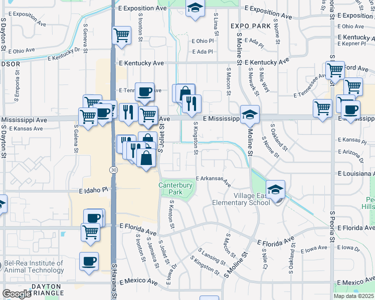 map of restaurants, bars, coffee shops, grocery stores, and more near 1211 South Kingston Street in Aurora