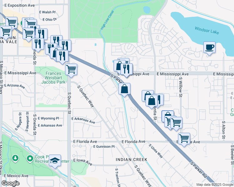 map of restaurants, bars, coffee shops, grocery stores, and more near 1205 South Rosemary Way in Denver