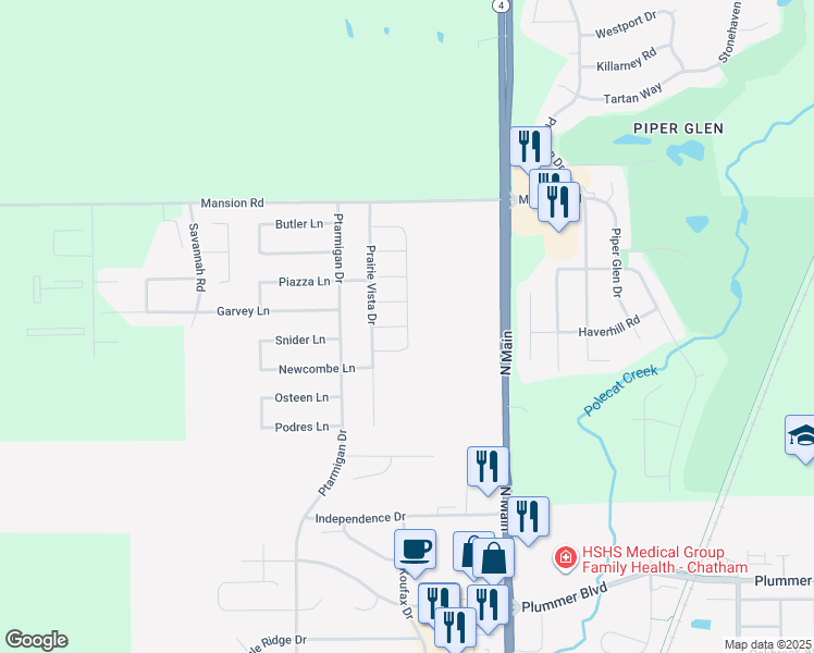map of restaurants, bars, coffee shops, grocery stores, and more near Sawgrass Drive in Chatham