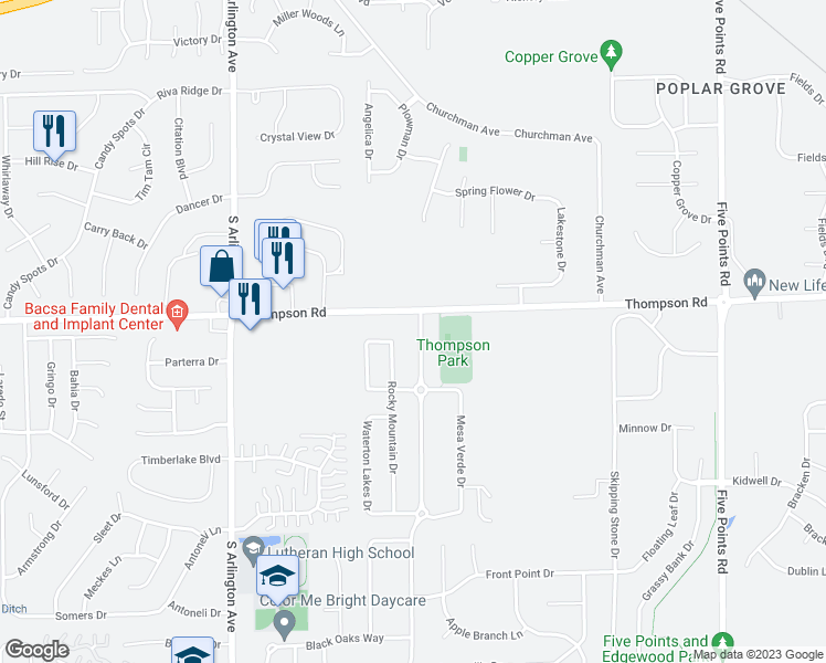 map of restaurants, bars, coffee shops, grocery stores, and more near 5024 Thompson Park Boulevard in Indianapolis