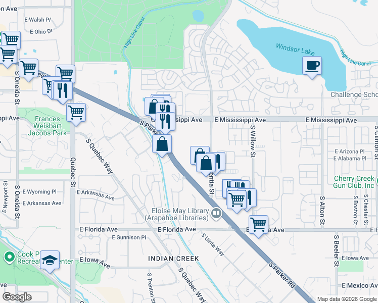 map of restaurants, bars, coffee shops, grocery stores, and more near 1302 South Parker Road in Denver