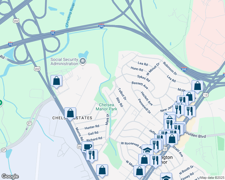 map of restaurants, bars, coffee shops, grocery stores, and more near 7 Gainor Road in New Castle
