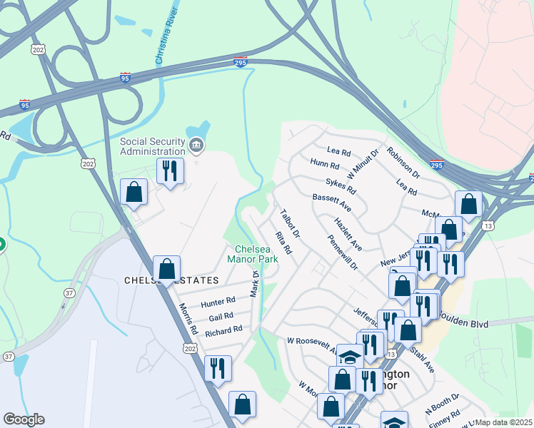map of restaurants, bars, coffee shops, grocery stores, and more near 7 Gainor Road in New Castle