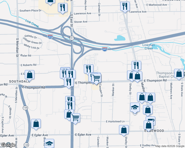 map of restaurants, bars, coffee shops, grocery stores, and more near 708 Ferndale Court in Indianapolis