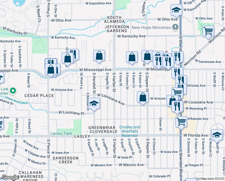 map of restaurants, bars, coffee shops, grocery stores, and more near 1215 South Harlan Street in Lakewood