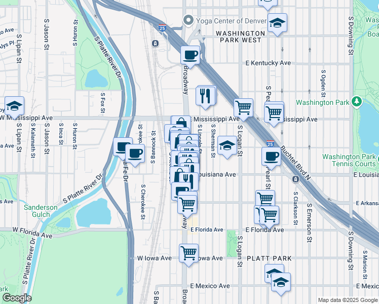 map of restaurants, bars, coffee shops, grocery stores, and more near 1211 South Lincoln Street in Denver