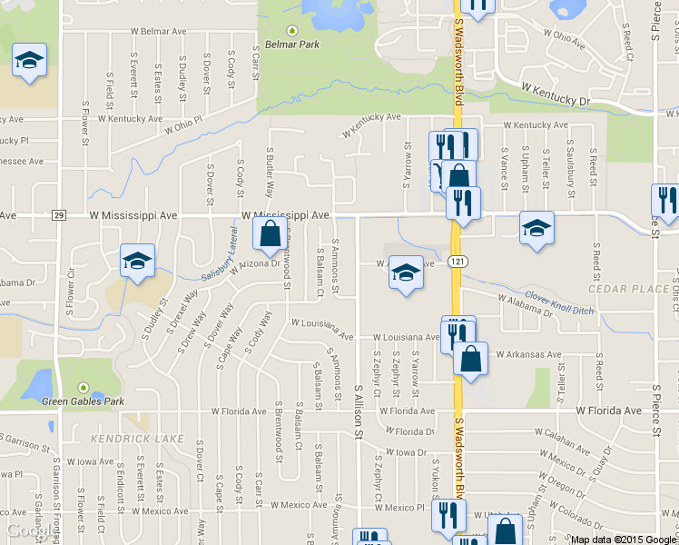 map of restaurants, bars, coffee shops, grocery stores, and more near 1254 South Ammons Street in Lakewood