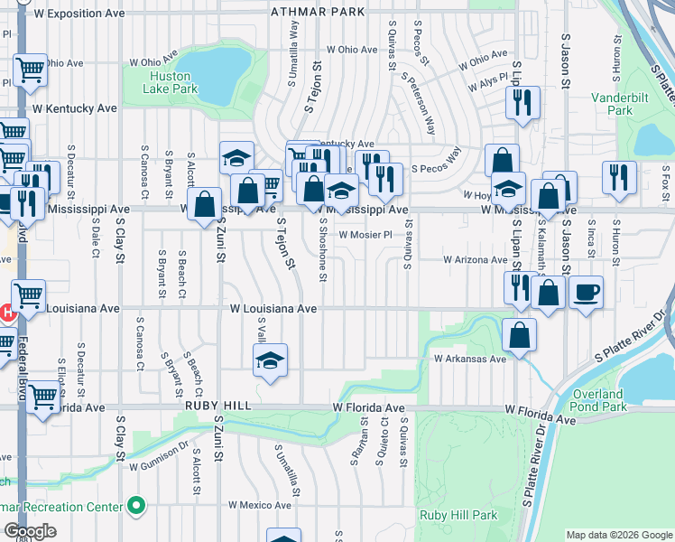 map of restaurants, bars, coffee shops, grocery stores, and more near 1251 South Seneca Way in Denver