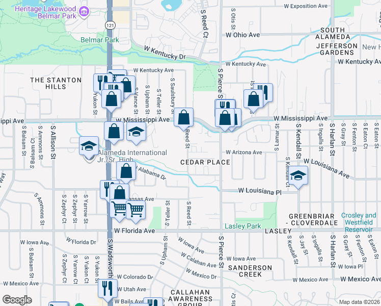 map of restaurants, bars, coffee shops, grocery stores, and more near 1210 South Reed Street in Lakewood