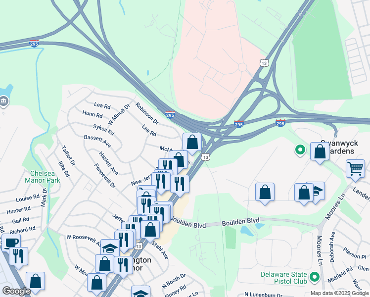 map of restaurants, bars, coffee shops, grocery stores, and more near 6 Robinson Drive in New Castle