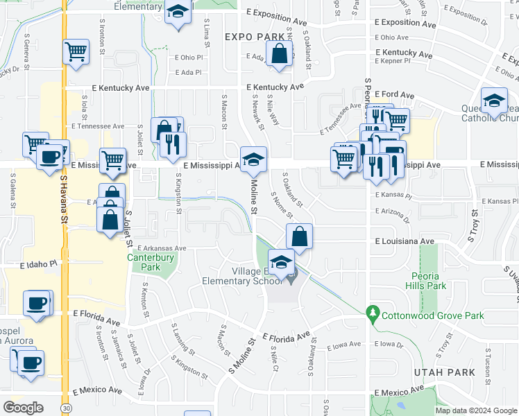 map of restaurants, bars, coffee shops, grocery stores, and more near 1260 South Moline Street in Aurora