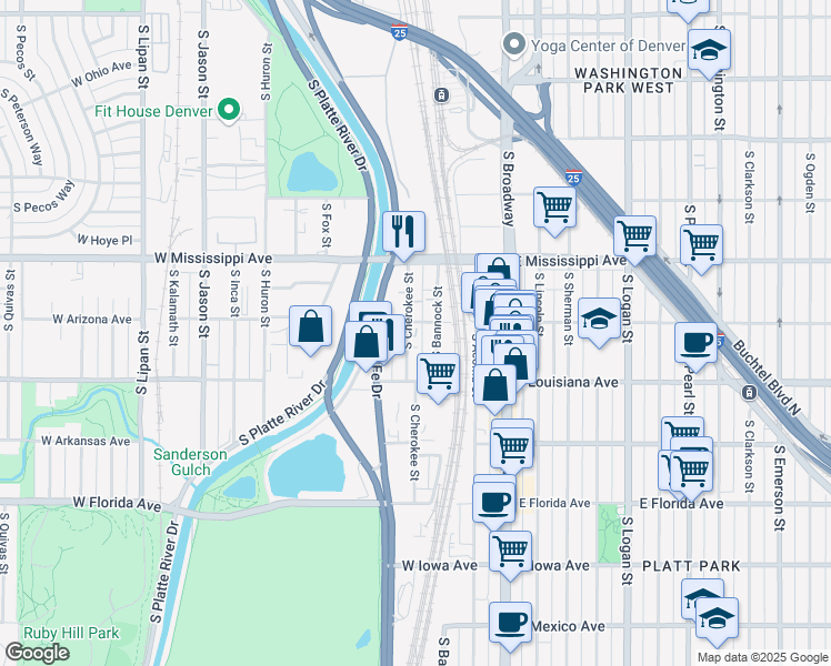 map of restaurants, bars, coffee shops, grocery stores, and more near 1200 South Cherokee Street in Denver