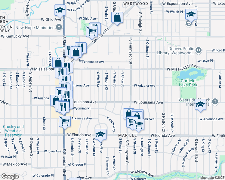 map of restaurants, bars, coffee shops, grocery stores, and more near 1225 South Vrain Street in Denver