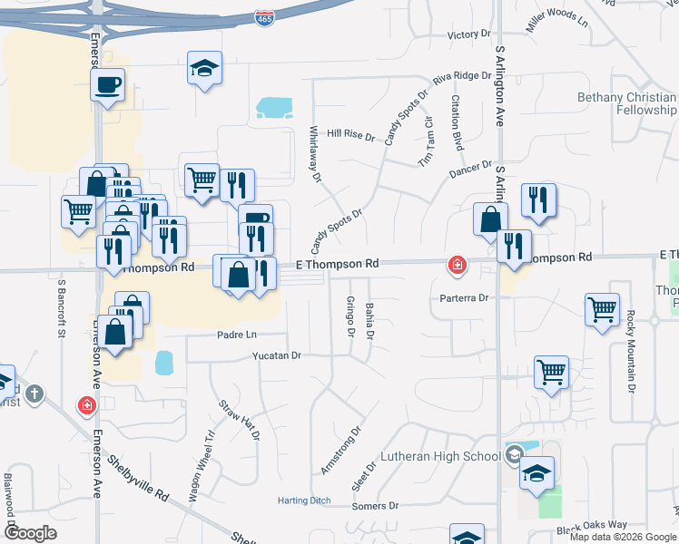 map of restaurants, bars, coffee shops, grocery stores, and more near 5606 Ensenada Avenue in Indianapolis