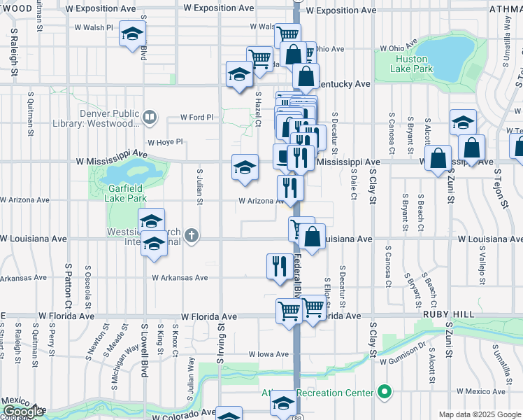 map of restaurants, bars, coffee shops, grocery stores, and more near 3130 West Arizona Avenue in Denver