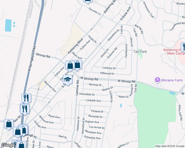 map of restaurants, bars, coffee shops, grocery stores, and more near 1780 Hillwood Drive in Dayton