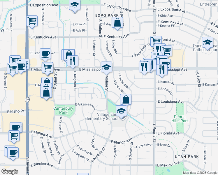 map of restaurants, bars, coffee shops, grocery stores, and more near 1260 South Moline Street in Aurora