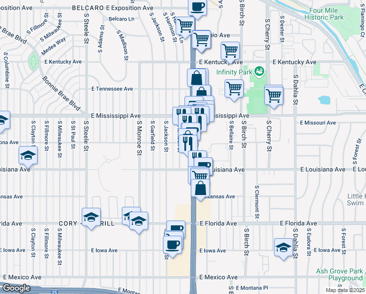 map of restaurants, bars, coffee shops, grocery stores, and more near 1212 South Harrison Street in Denver