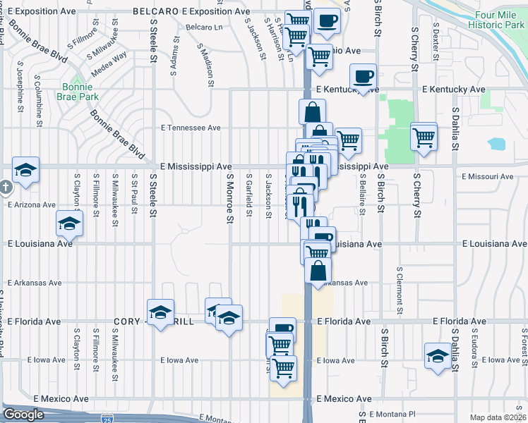 map of restaurants, bars, coffee shops, grocery stores, and more near 1210 South Jackson Street in Denver
