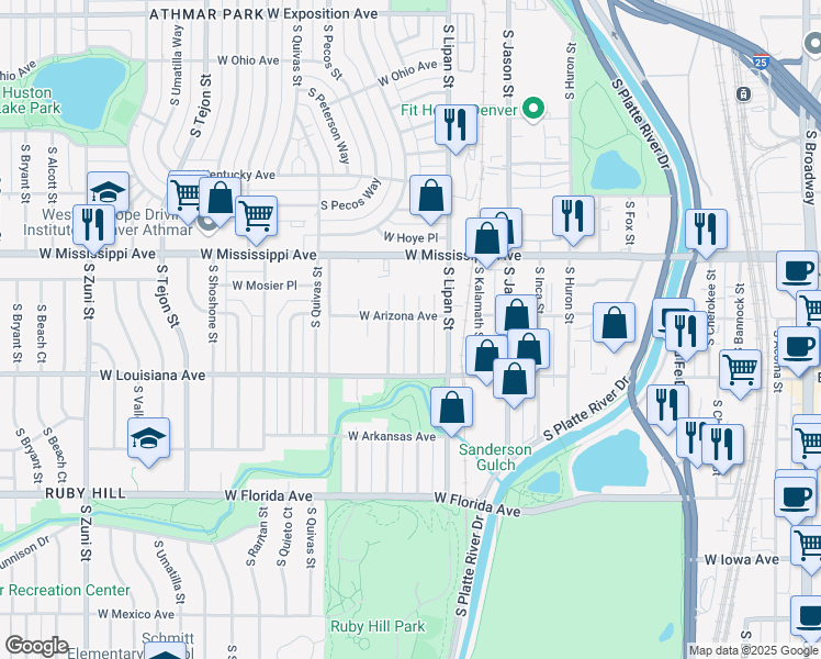 map of restaurants, bars, coffee shops, grocery stores, and more near 1225 South Mariposa Street in Denver