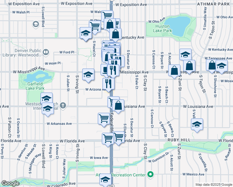 map of restaurants, bars, coffee shops, grocery stores, and more near 1212 South Federal Boulevard in Denver