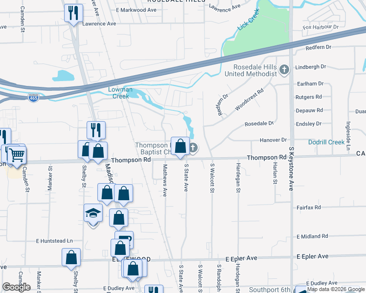 map of restaurants, bars, coffee shops, grocery stores, and more near 4704 South State Avenue in Indianapolis