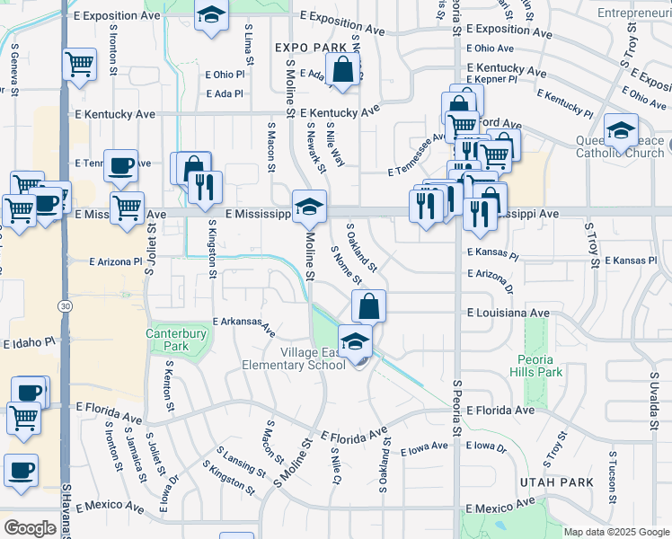 map of restaurants, bars, coffee shops, grocery stores, and more near 1161 South Nome Street in Aurora
