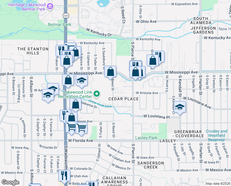 map of restaurants, bars, coffee shops, grocery stores, and more near South Reed Way in Jefferson County