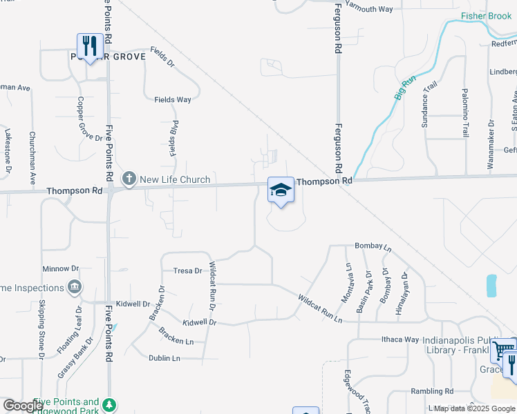 map of restaurants, bars, coffee shops, grocery stores, and more near 5048 Choctaw Ridge Drive in Indianapolis