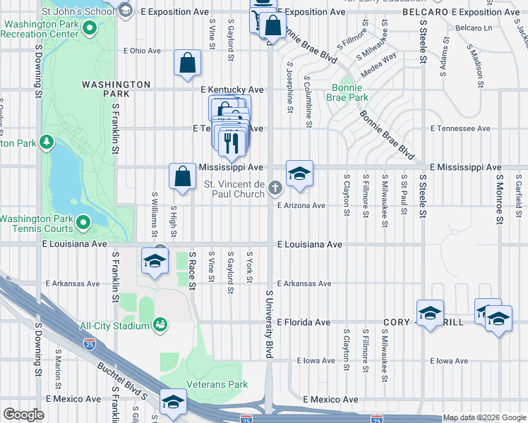 map of restaurants, bars, coffee shops, grocery stores, and more near 1211 South University Boulevard in Denver