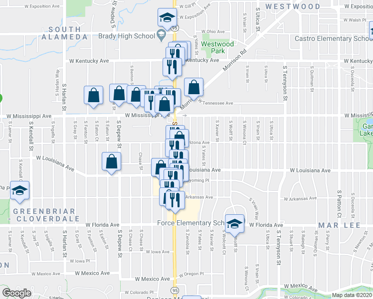 map of restaurants, bars, coffee shops, grocery stores, and more near 1225 South Zenobia Street in Denver