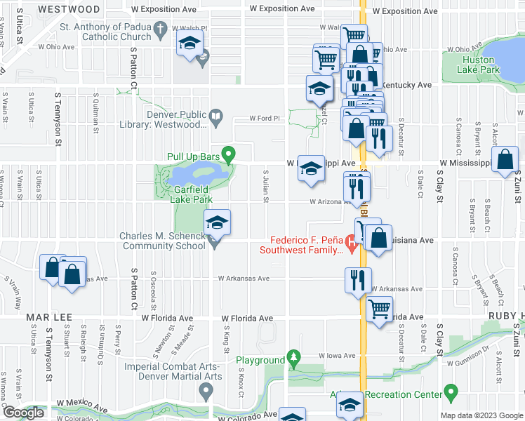 map of restaurants, bars, coffee shops, grocery stores, and more near 1221 South Julian Street in Denver