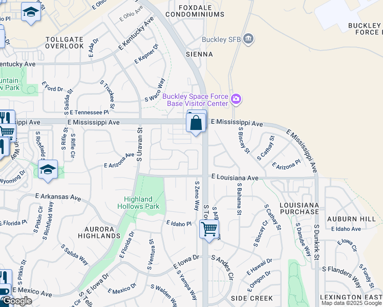 map of restaurants, bars, coffee shops, grocery stores, and more near 1225 South Zeno Circle in Aurora
