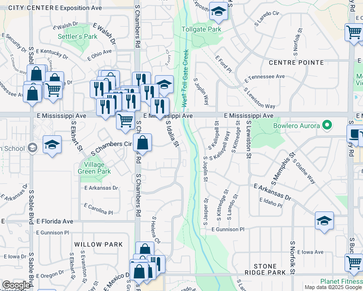 map of restaurants, bars, coffee shops, grocery stores, and more near 1204 South Idalia Street in Aurora