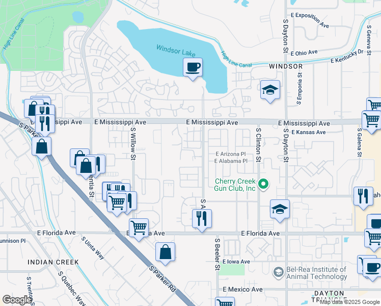 map of restaurants, bars, coffee shops, grocery stores, and more near 1234 South Yosemite Way in Denver