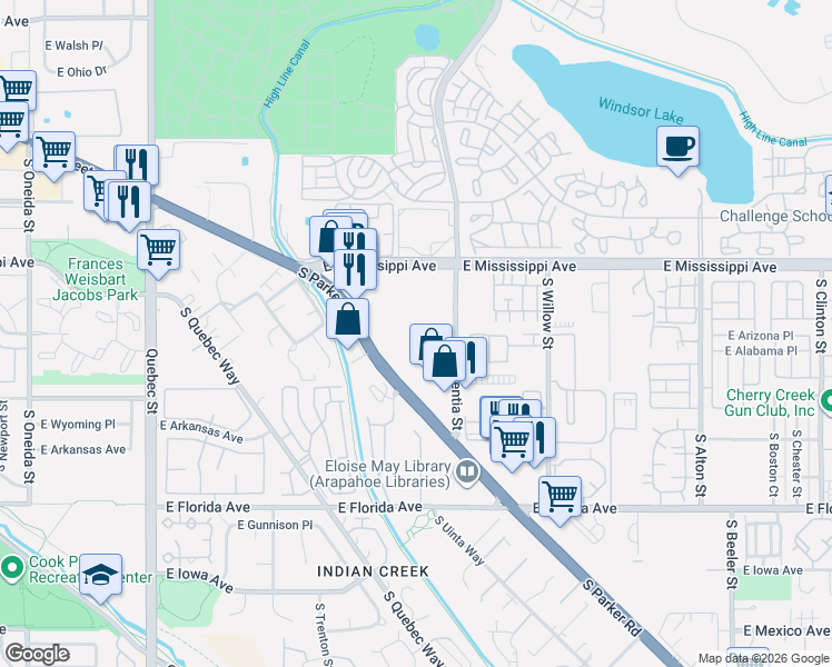 map of restaurants, bars, coffee shops, grocery stores, and more near 1302 South Parker Road in Denver
