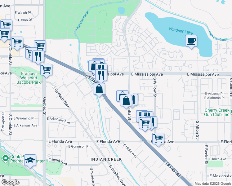 map of restaurants, bars, coffee shops, grocery stores, and more near 1302 South Parker Road in Denver