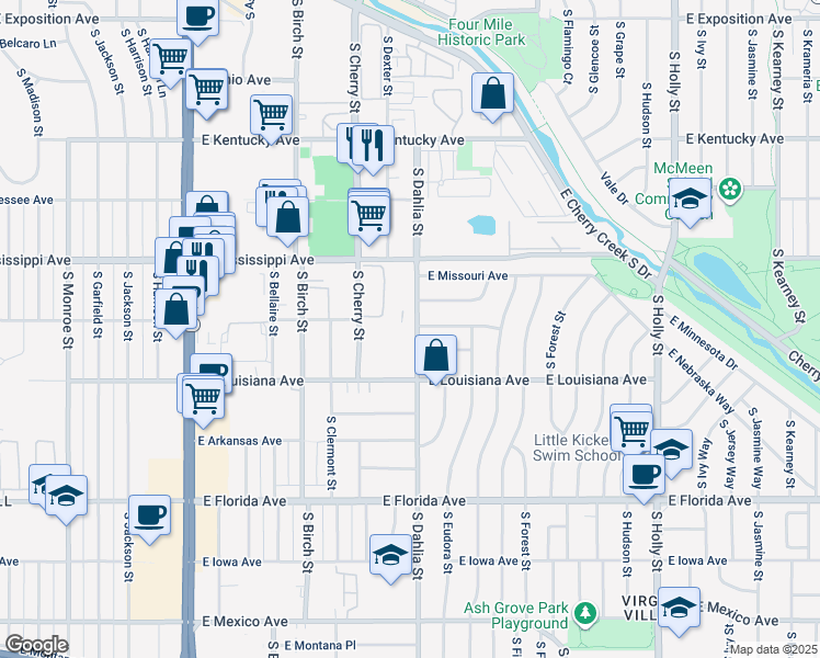 map of restaurants, bars, coffee shops, grocery stores, and more near 4705 East Louisiana Avenue in Denver