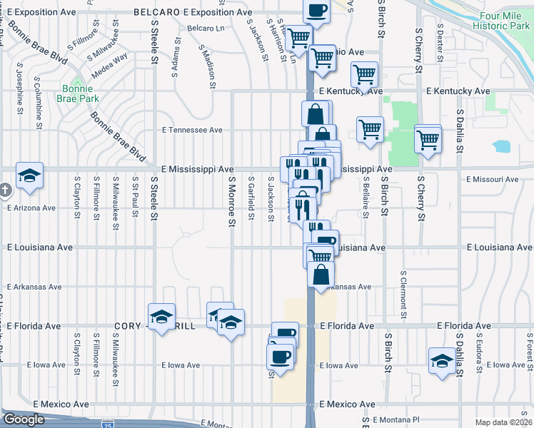 map of restaurants, bars, coffee shops, grocery stores, and more near 1210 South Jackson Street in Denver