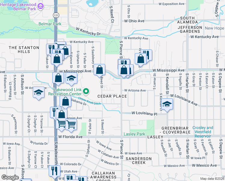 map of restaurants, bars, coffee shops, grocery stores, and more near 1244 South Reed Street in Lakewood