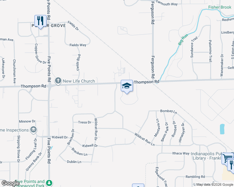 map of restaurants, bars, coffee shops, grocery stores, and more near 5048 Choctaw Ridge Drive in Indianapolis