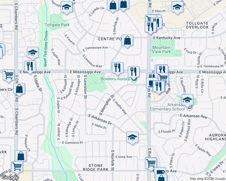 map of restaurants, bars, coffee shops, grocery stores, and more near 1185 South Norfolk Street in Aurora