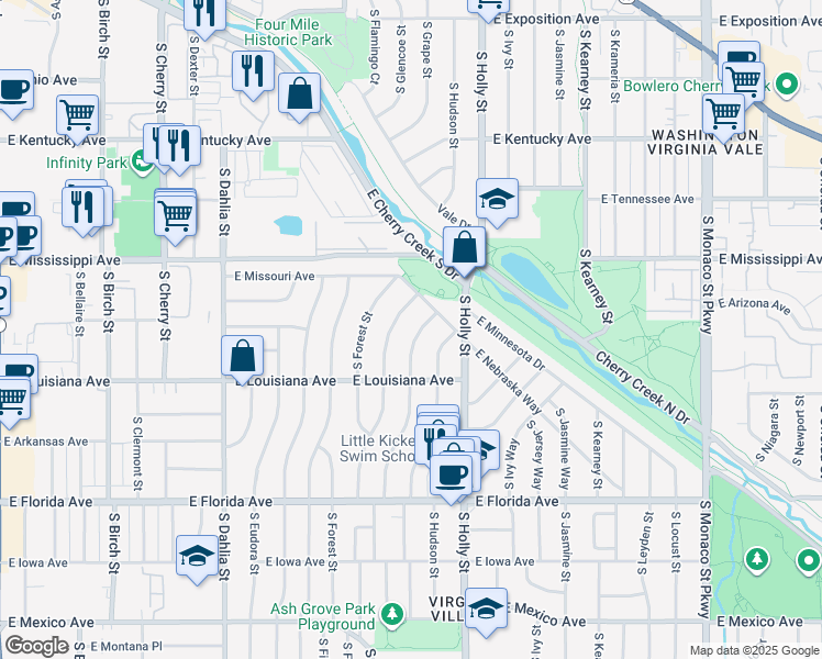 map of restaurants, bars, coffee shops, grocery stores, and more near 1210 South Glencoe Street in Denver