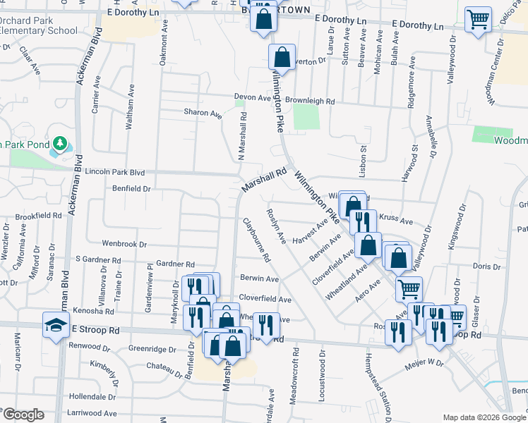 map of restaurants, bars, coffee shops, grocery stores, and more near 3591 Roslyn Avenue in Dayton