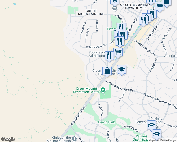 map of restaurants, bars, coffee shops, grocery stores, and more near 1210 South Foothill Drive in Lakewood