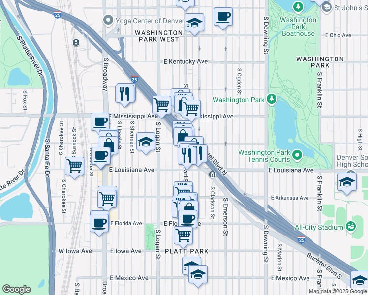 map of restaurants, bars, coffee shops, grocery stores, and more near 1215 South Pearl Street in Denver