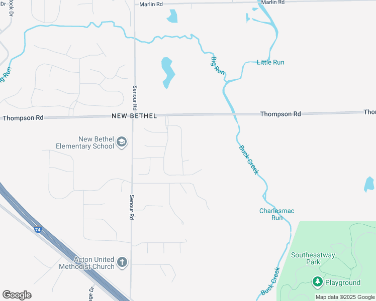map of restaurants, bars, coffee shops, grocery stores, and more near 11011 East Thompson Road in Indianapolis