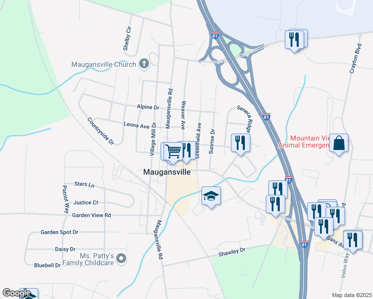 map of restaurants, bars, coffee shops, grocery stores, and more near 13823 Weaver Avenue in Maugansville