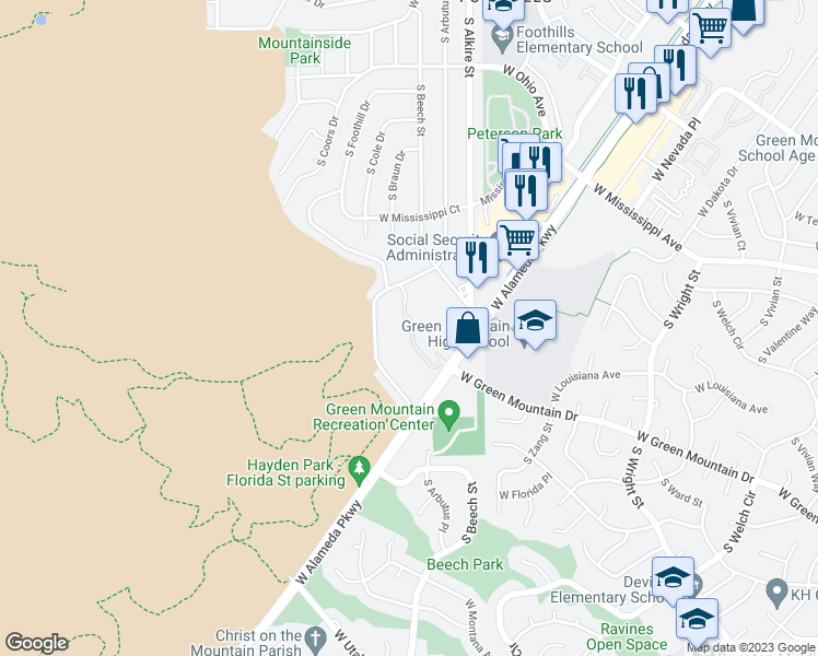 map of restaurants, bars, coffee shops, grocery stores, and more near 13355 West Alameda Parkway in Lakewood