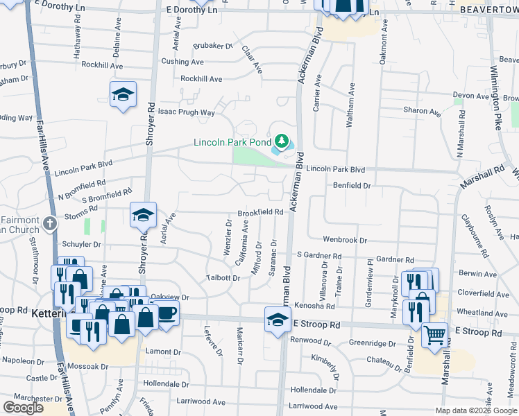 map of restaurants, bars, coffee shops, grocery stores, and more near 817 Brookfield Road in Dayton